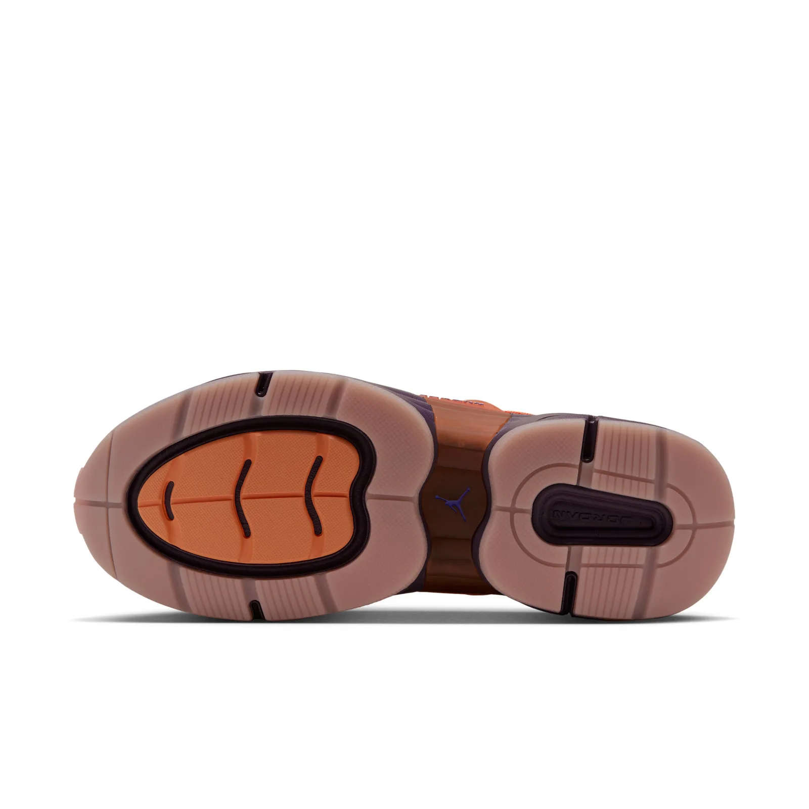 Outsole view, pink translucent rubber, orange forefoot pod outlined in black, Jordan text on heel pad, Space Jam Planet