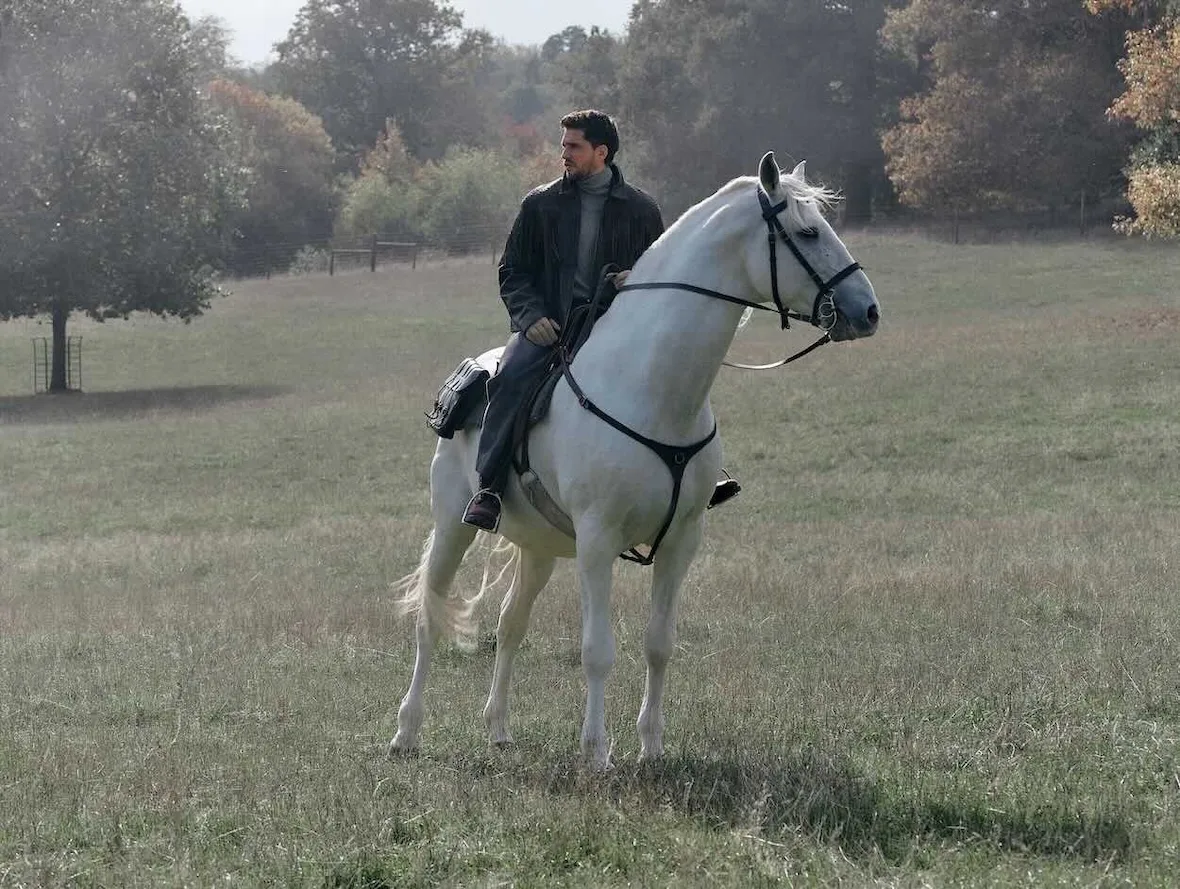 Wide shot of rider on white horse in autumn field, dark jacket, grey turtleneck, trees behind, Winter 2026 Collection