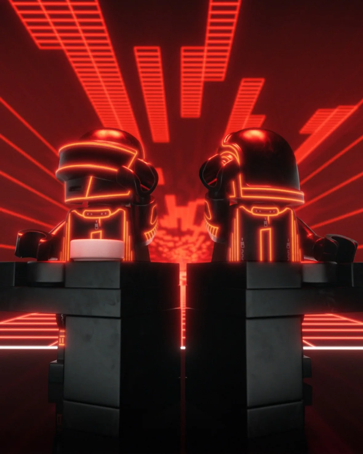 Two black helmeted minifigures at DJ booths with glowing orange outlines and red beams, 2007 Stage Set