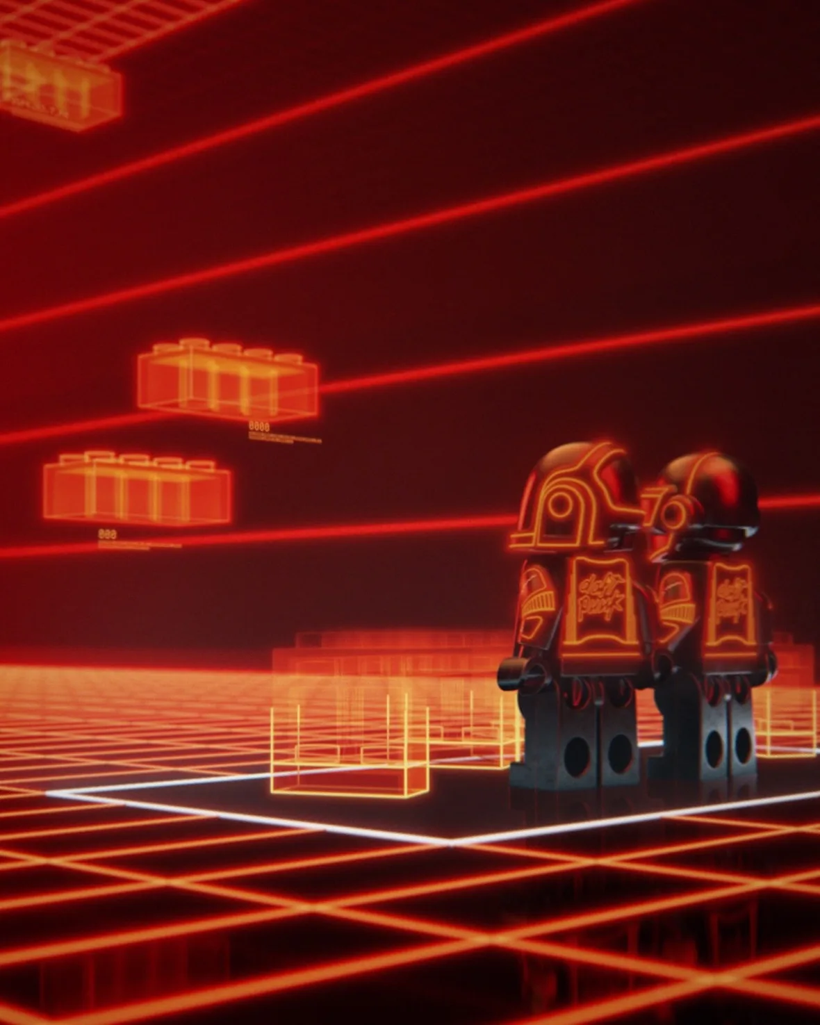 Rear view of two minifigures with neon outlines on a red grid floor with brick wireframes, 2007 Stage Set