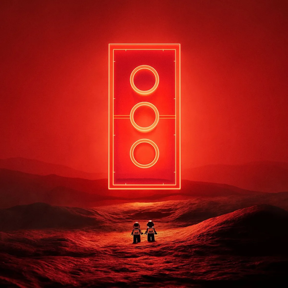 Two tiny helmeted minifigures facing a giant glowing red brick over a red landscape, 2007 Stage Set