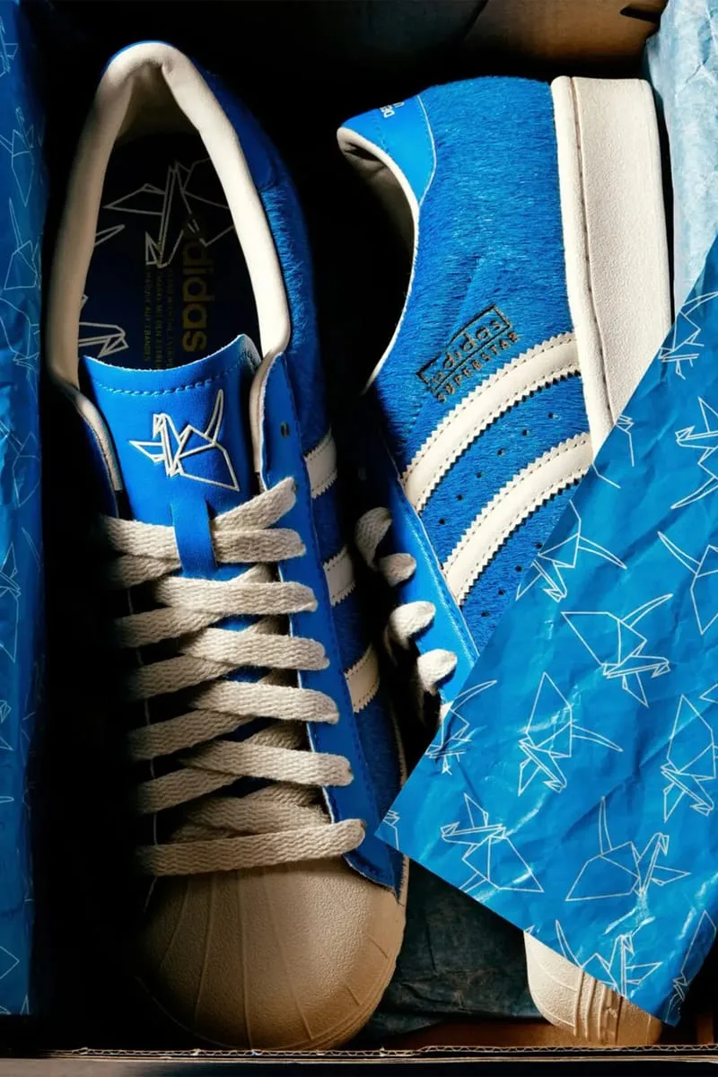 Pair in box, crane-print insole and tongue, blue origami crane tissue paper at right, Blue