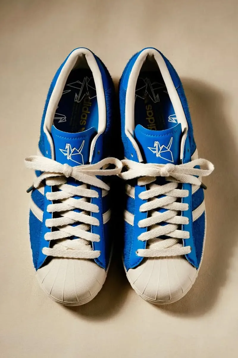 Top-down pair with cream laces, white origami crane on blue tongues, shell toes, Blue