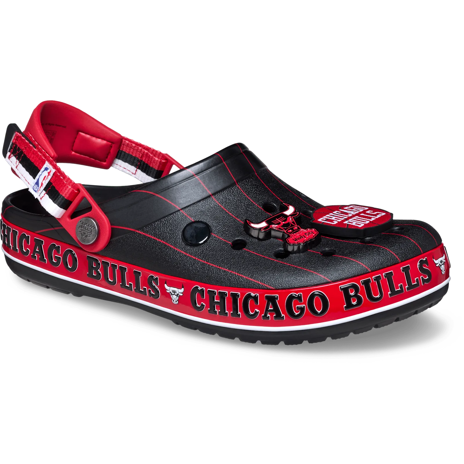 Three-quarter view of black clog with red Chicago Bulls band and bull charms, Crocband Clog Collection