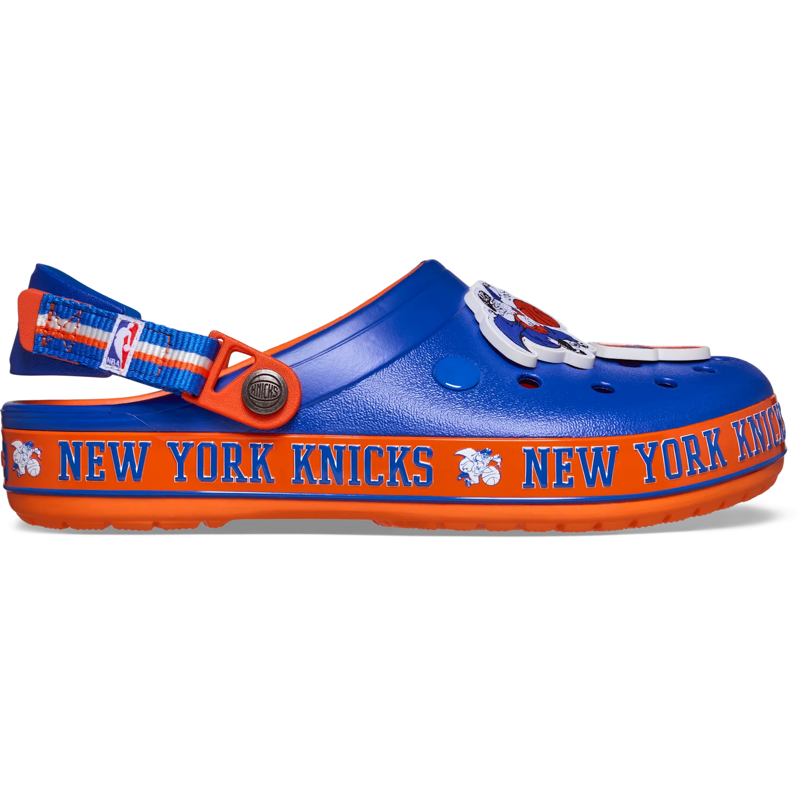 Lateral view of blue clog with orange New York Knicks text band and striped strap, Crocband Clog Collection