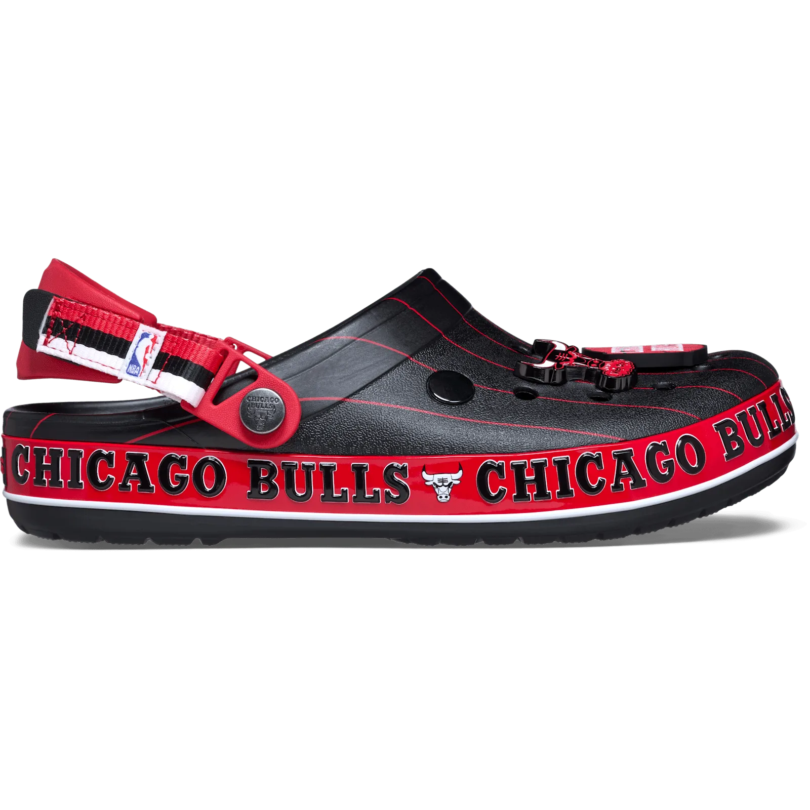 Lateral view of black clog with red pinstripes and red Chicago Bulls text band, Crocband Clog Collection
