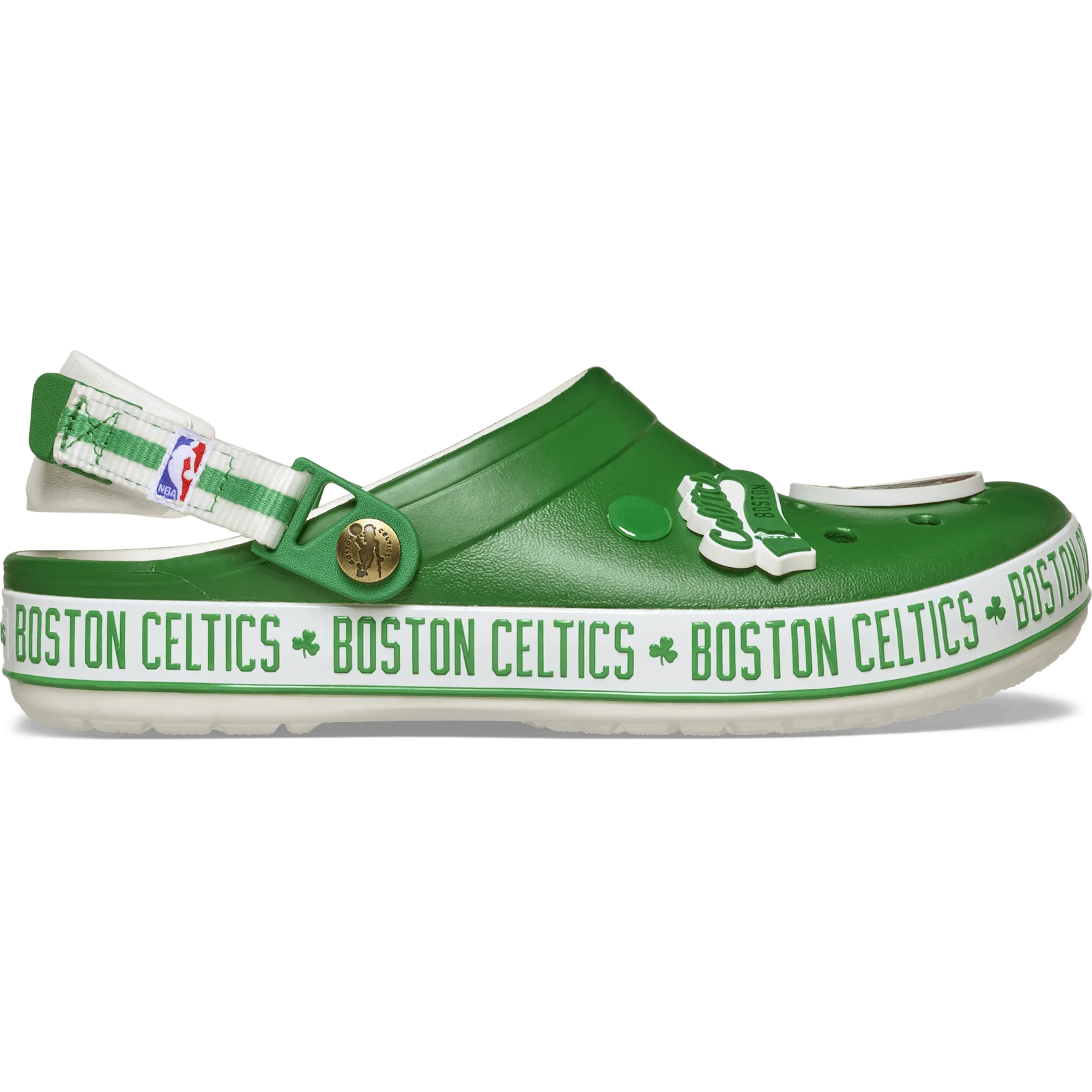 Lateral view of green clog with white Boston Celtics text band and shamrock charm, Crocband Clog Collection