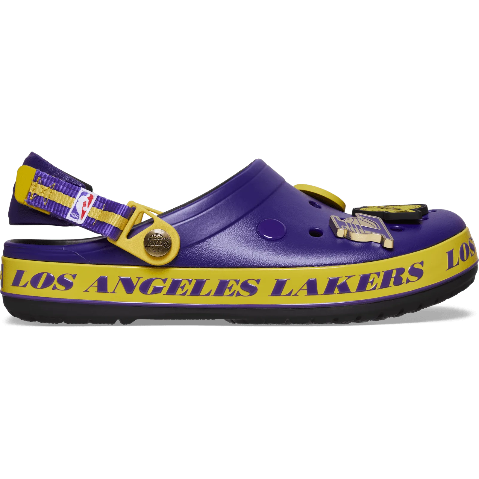 Lateral view of purple clog with yellow Los Angeles Lakers band and gold charm, Crocband Clog Collection