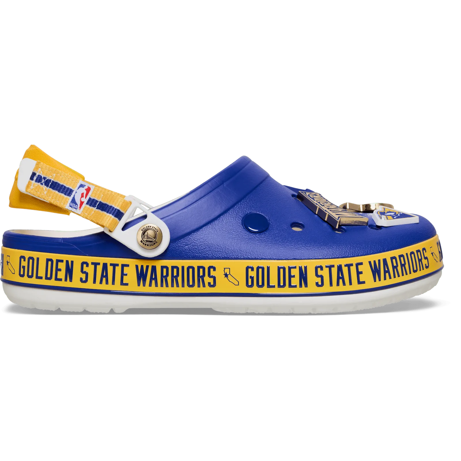 Lateral view of blue clog with yellow Golden State Warriors text band and NBA strap, Crocband Clog Collection