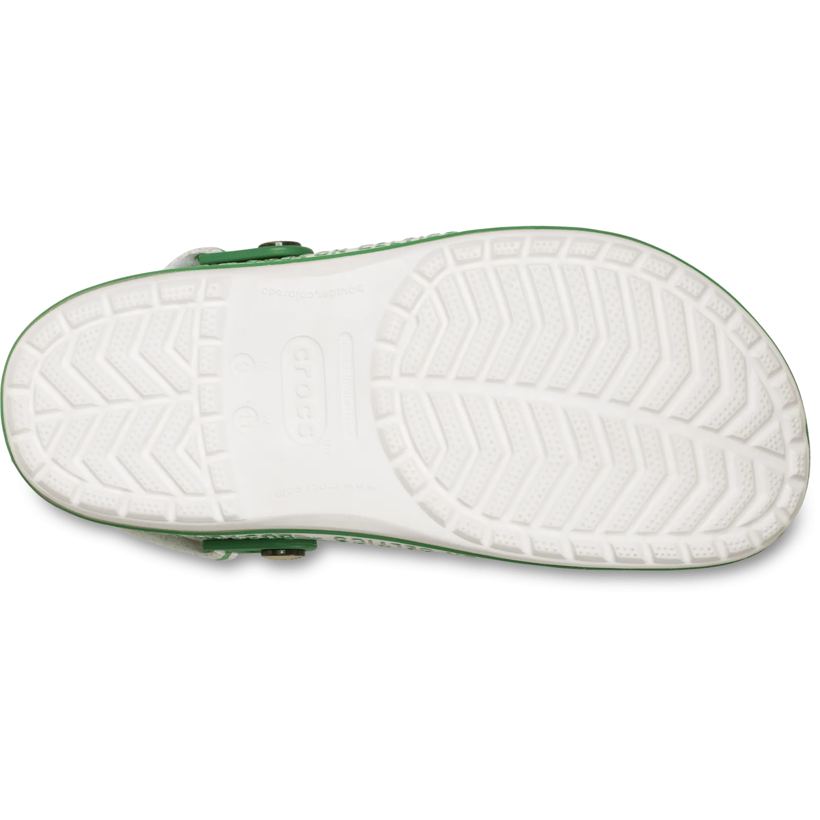 Outsole of white clog with chevron tread and green edge, crocs logo at centre, Crocband Clog Collection
