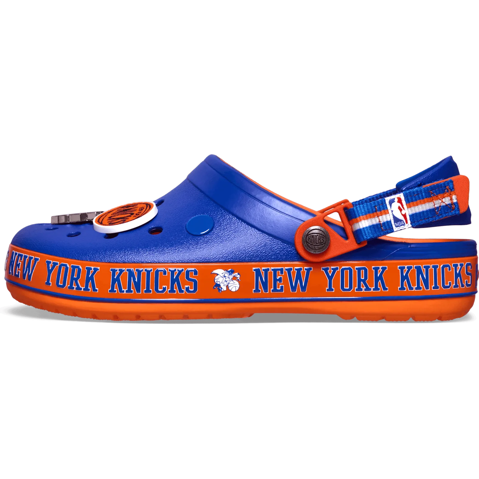 Medial view of blue clog with orange New York Knicks band and round charm, Crocband Clog Collection