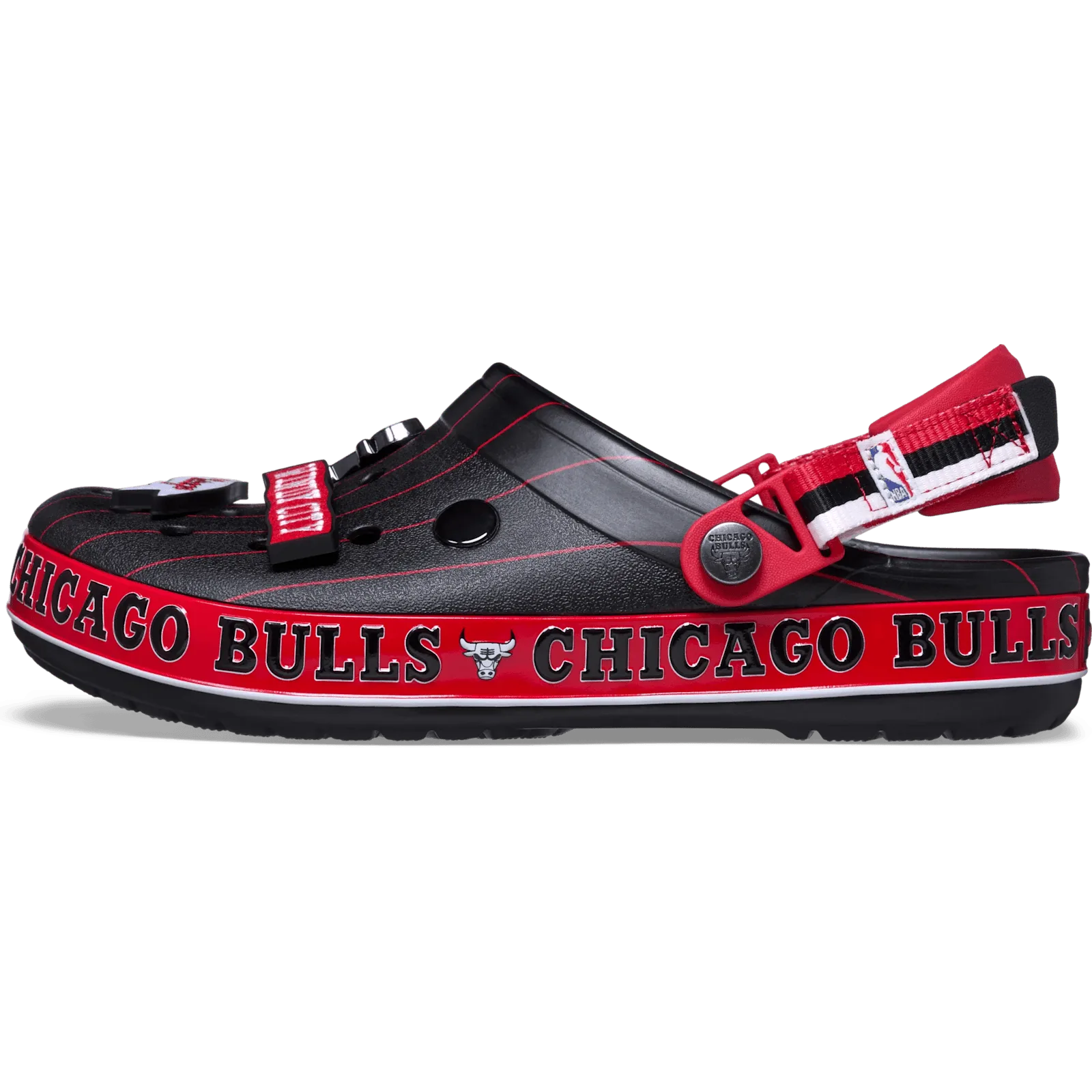 Medial view of black pinstriped clog with red Chicago Bulls band and NBA strap, Crocband Clog Collection
