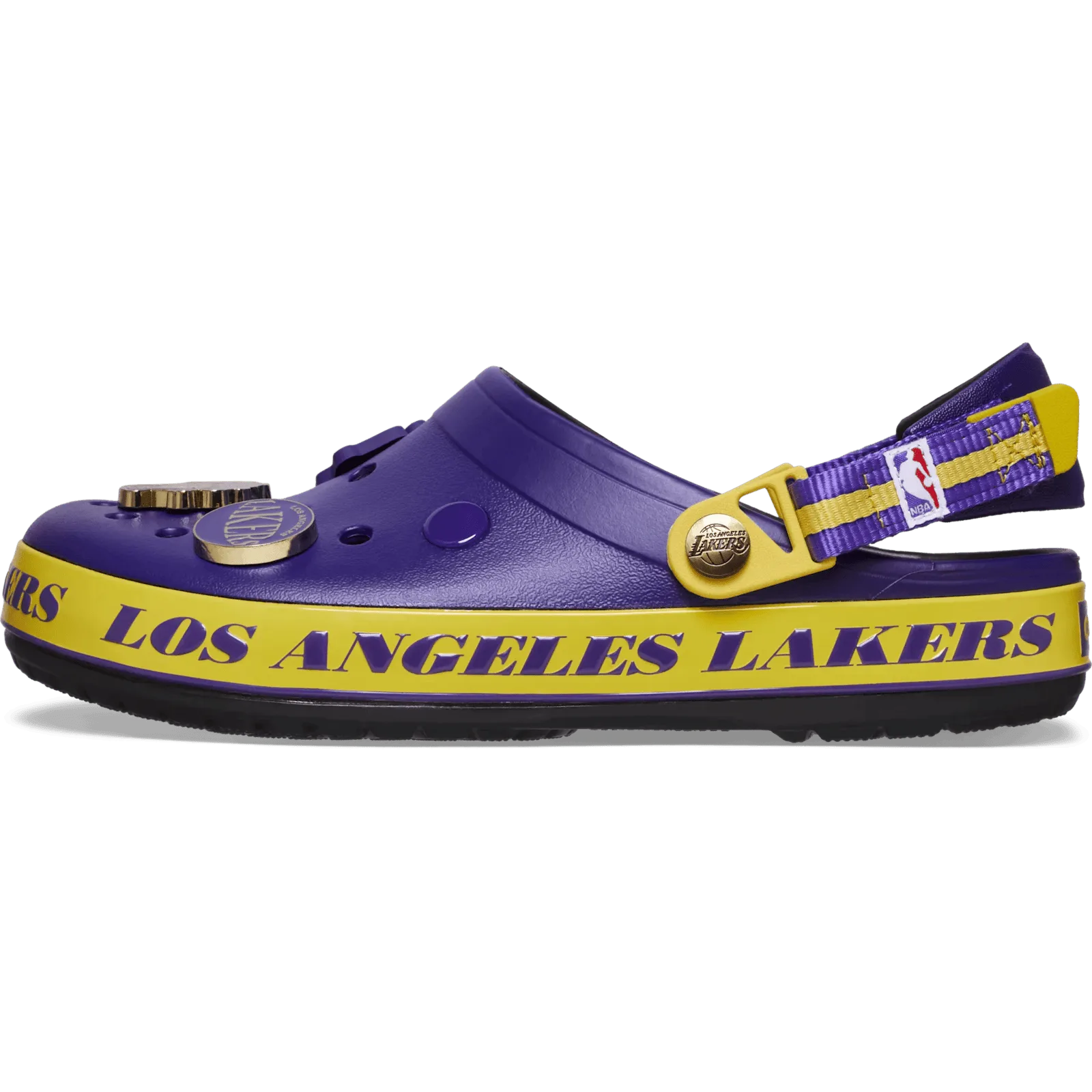 Medial view of purple clog with yellow Los Angeles Lakers band and gold charm, Crocband Clog Collection