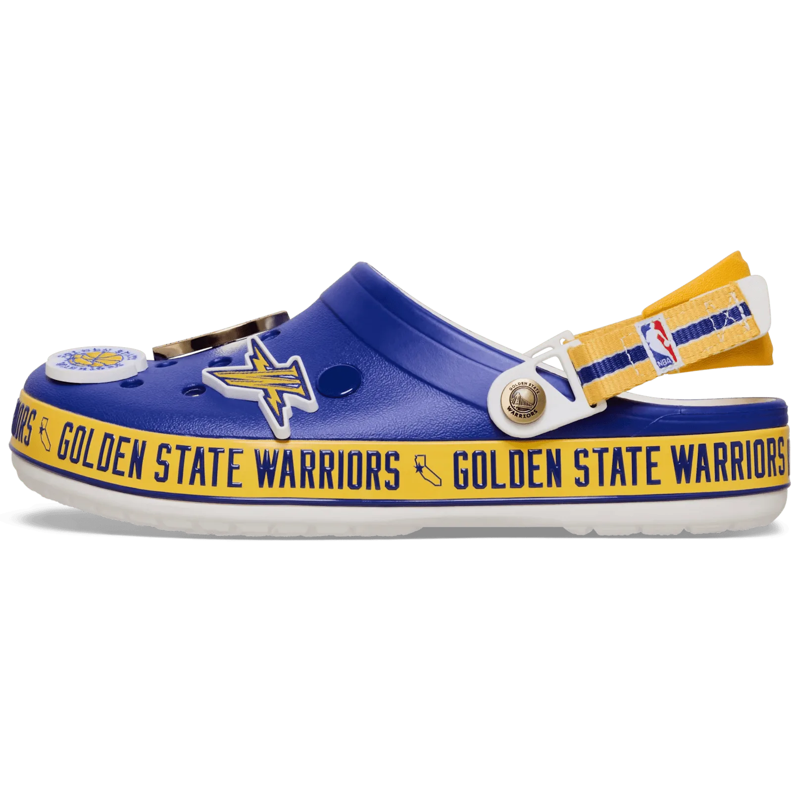 Medial view of blue clog with yellow Golden State Warriors band, lightning charm, Crocband Clog Collection