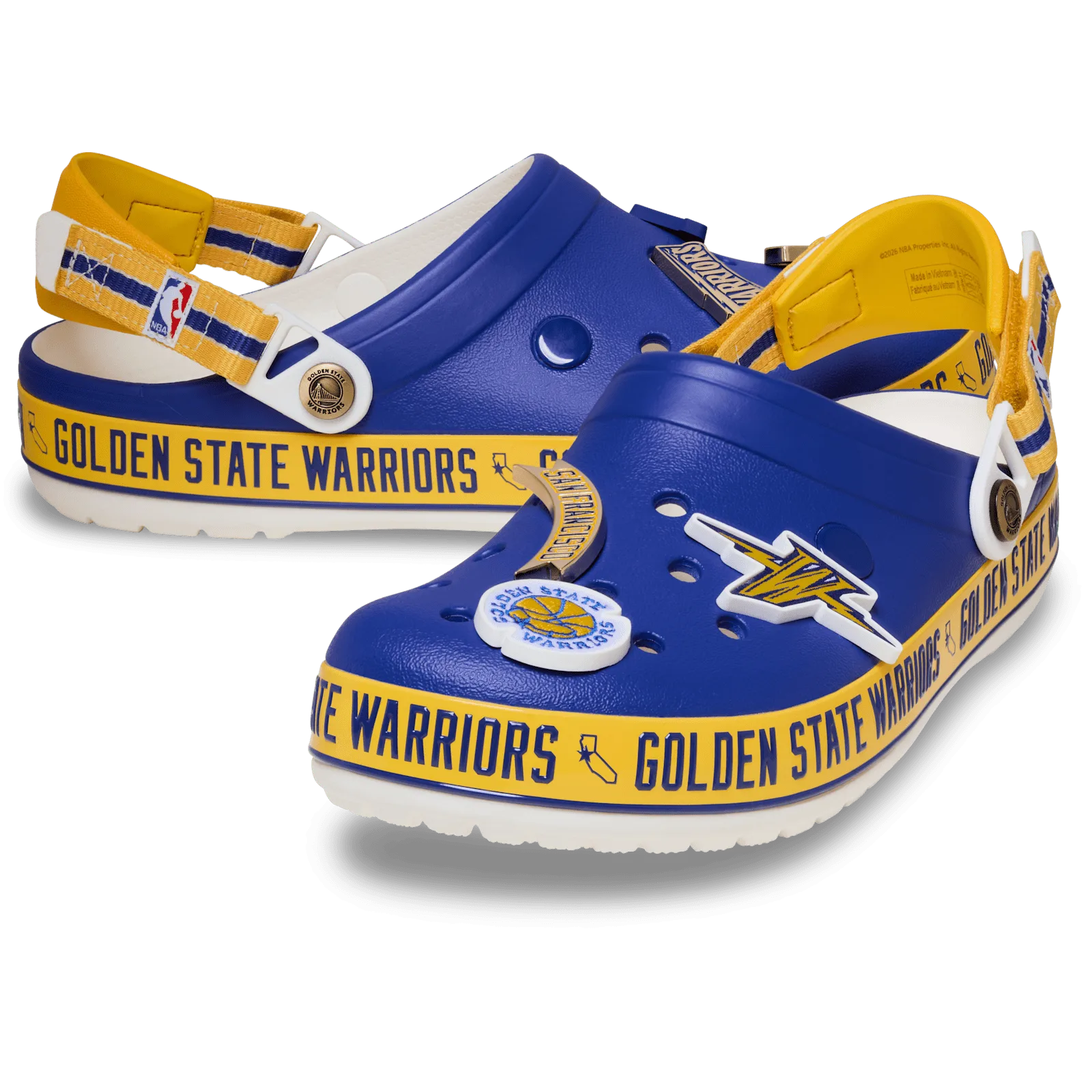 Pair of blue clogs with yellow Golden State Warriors bands and lightning charms, Crocband Clog Collection