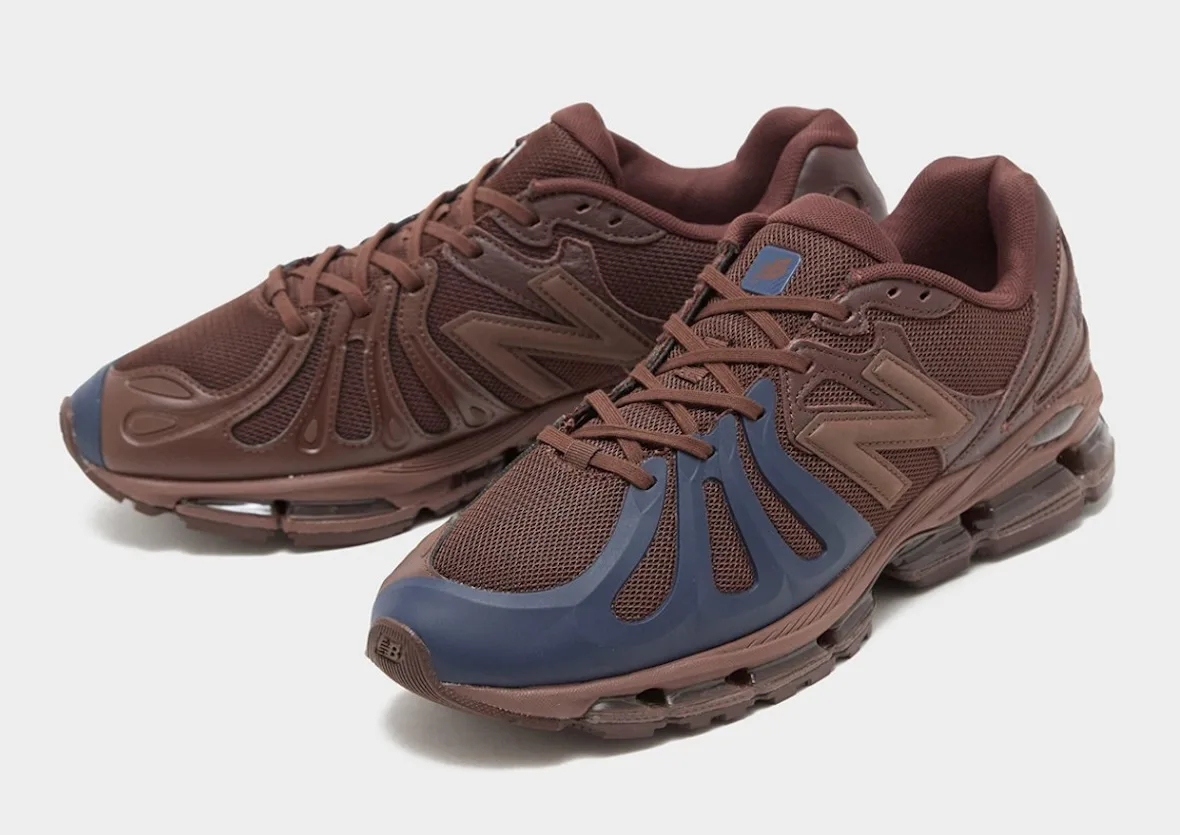 Pair of brown sneakers with navy toe cage, toe-forward angle, tonal brown laces and mesh, Brown/Navy