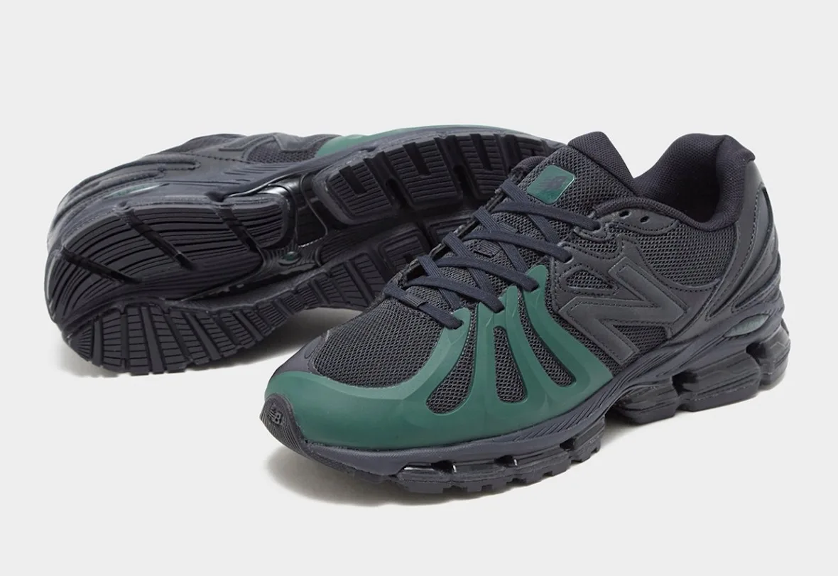 Black and green sneaker with the other shoe tipped on its side showing the black ribbed outsole, Brown/Navy