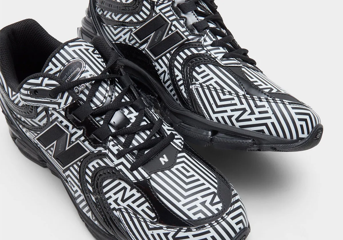 Top-down detail of the pair's toes and laces, black and white maze print with glossy black overlays, Dazzle Camo
