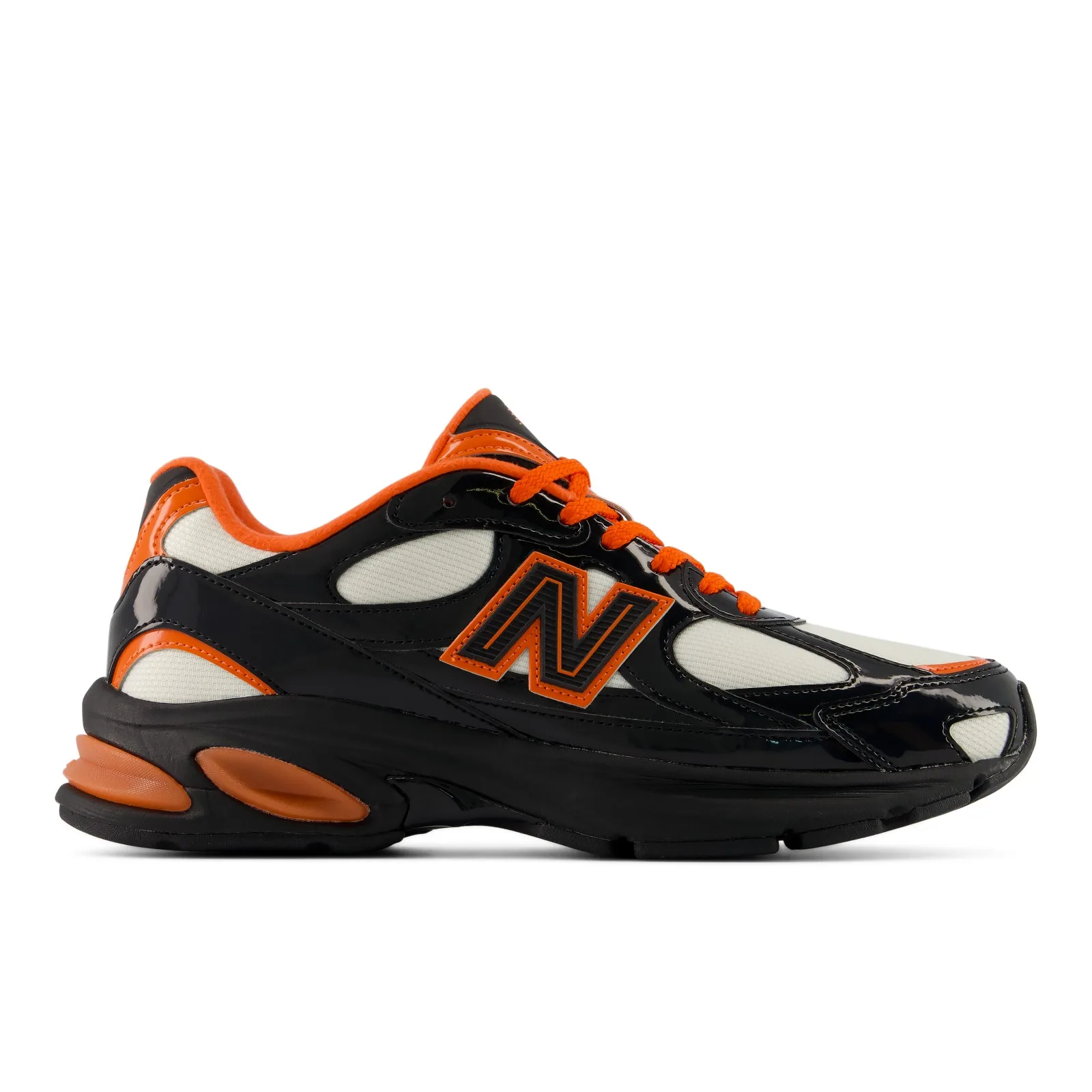Lateral view on white, black patent overlays, cream mesh, orange laces and heel pod, Halloween