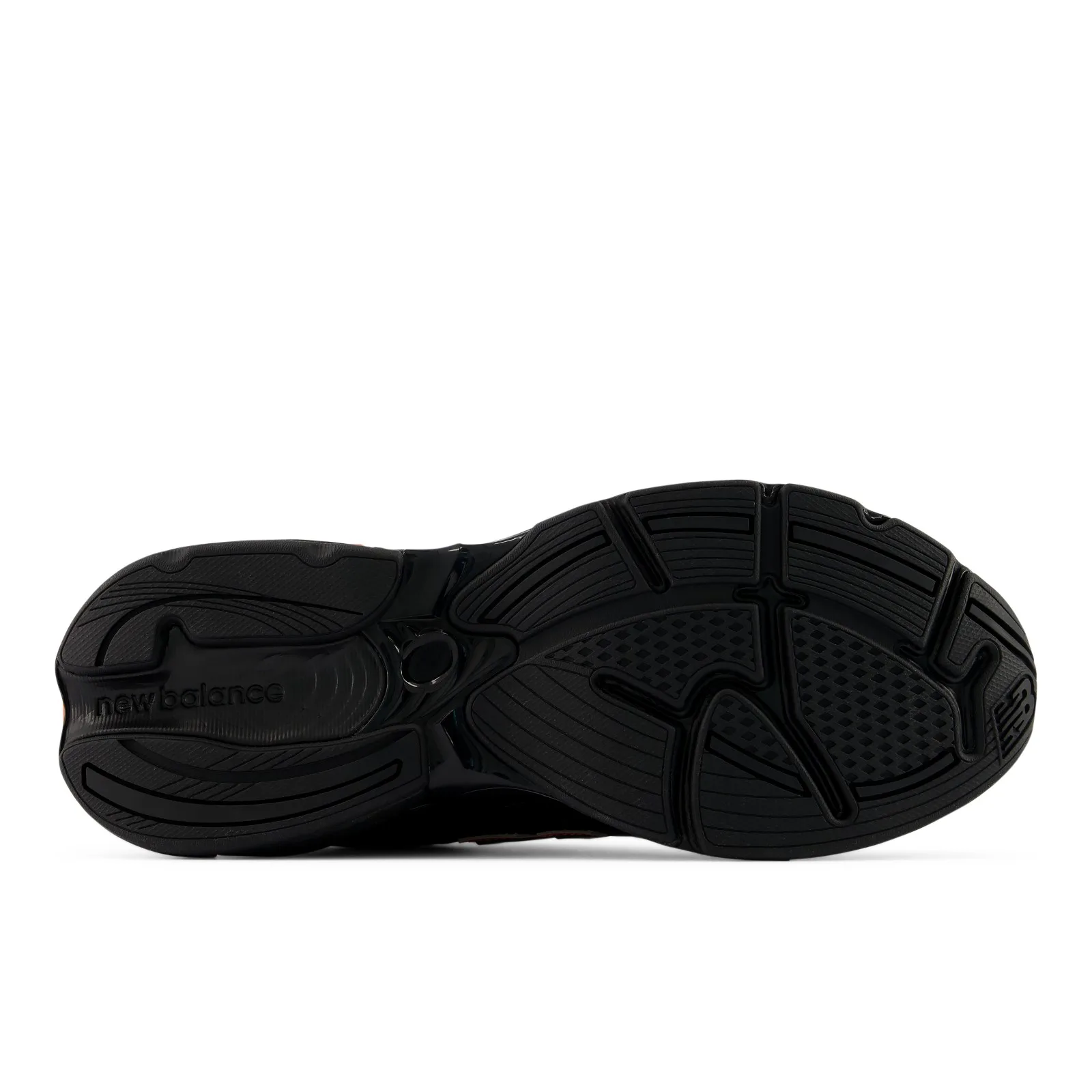 Outsole view, all-black rubber tread with new balance text at the heel, Halloween