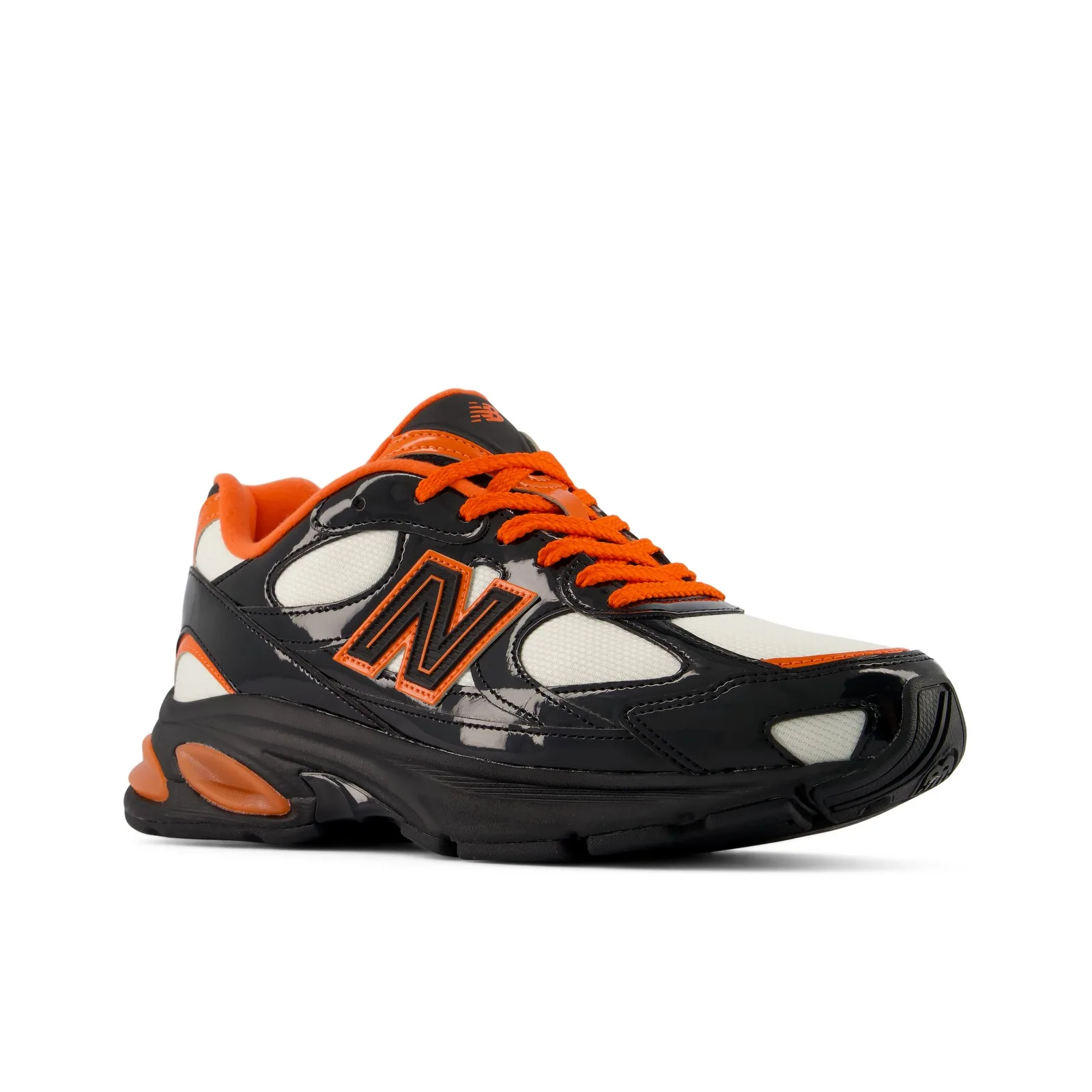 Three-quarter toe view, orange laces and N logo on black patent with cream mesh, Halloween