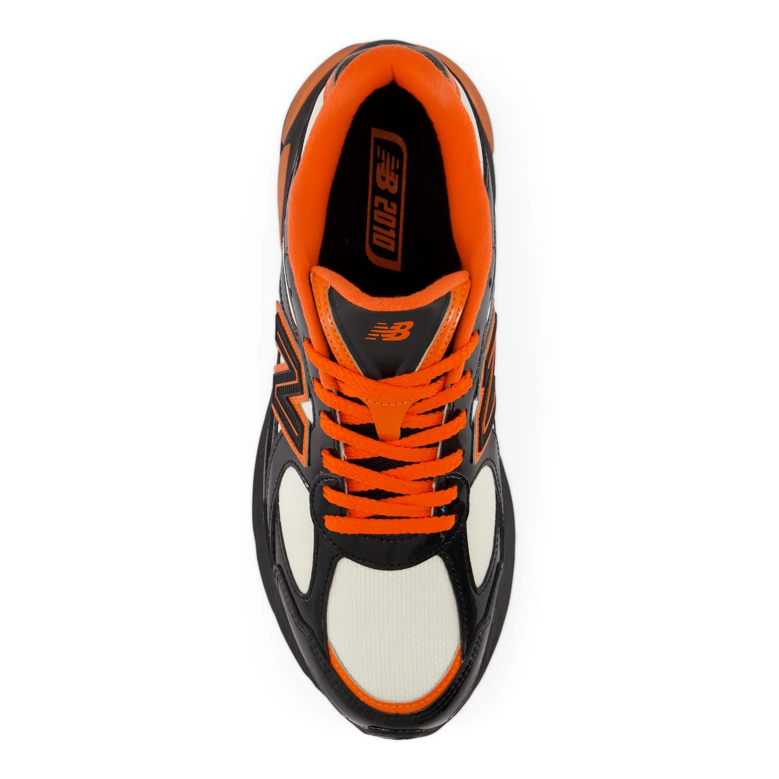 Top-down view, orange laces, orange collar lining and 2010 logo on the insole, Halloween
