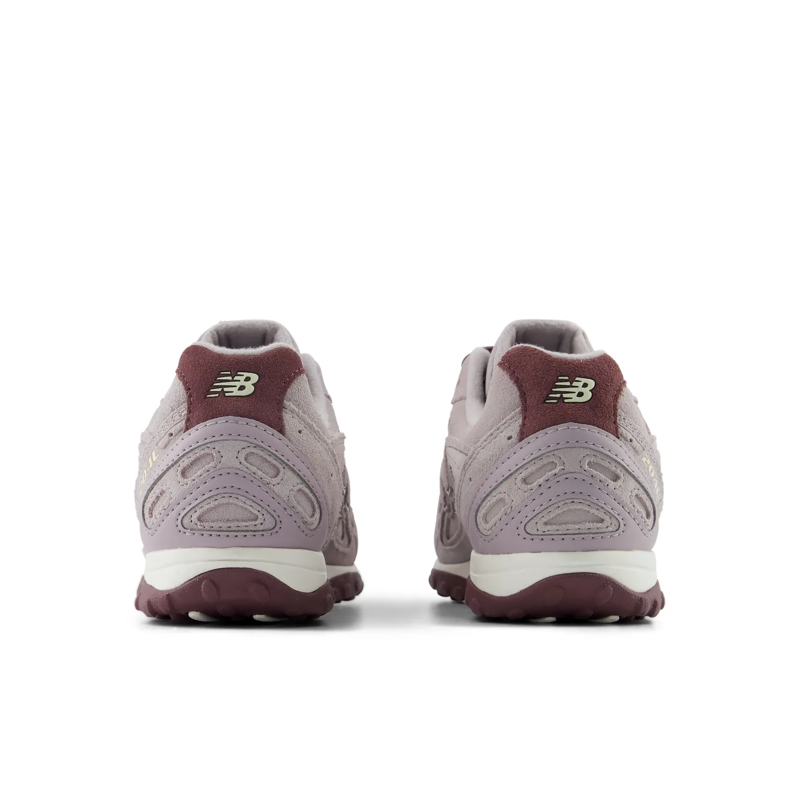 close heel view pair, burgundy suede tab with cream New Balance logo, Truffle Salt