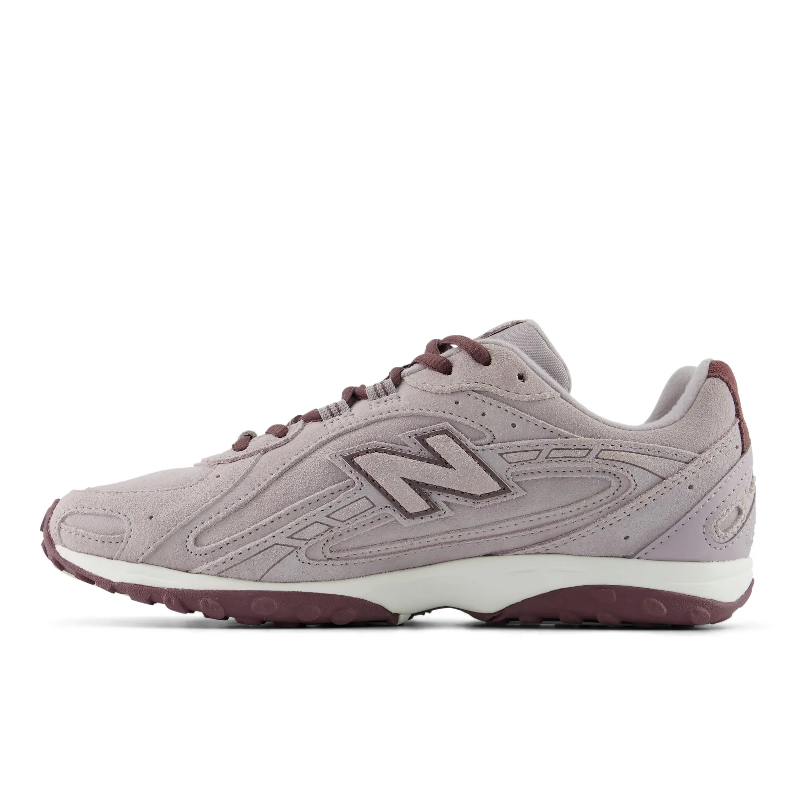 lateral side close-up, burgundy N logo, laces and heel tab detail, Truffle Salt