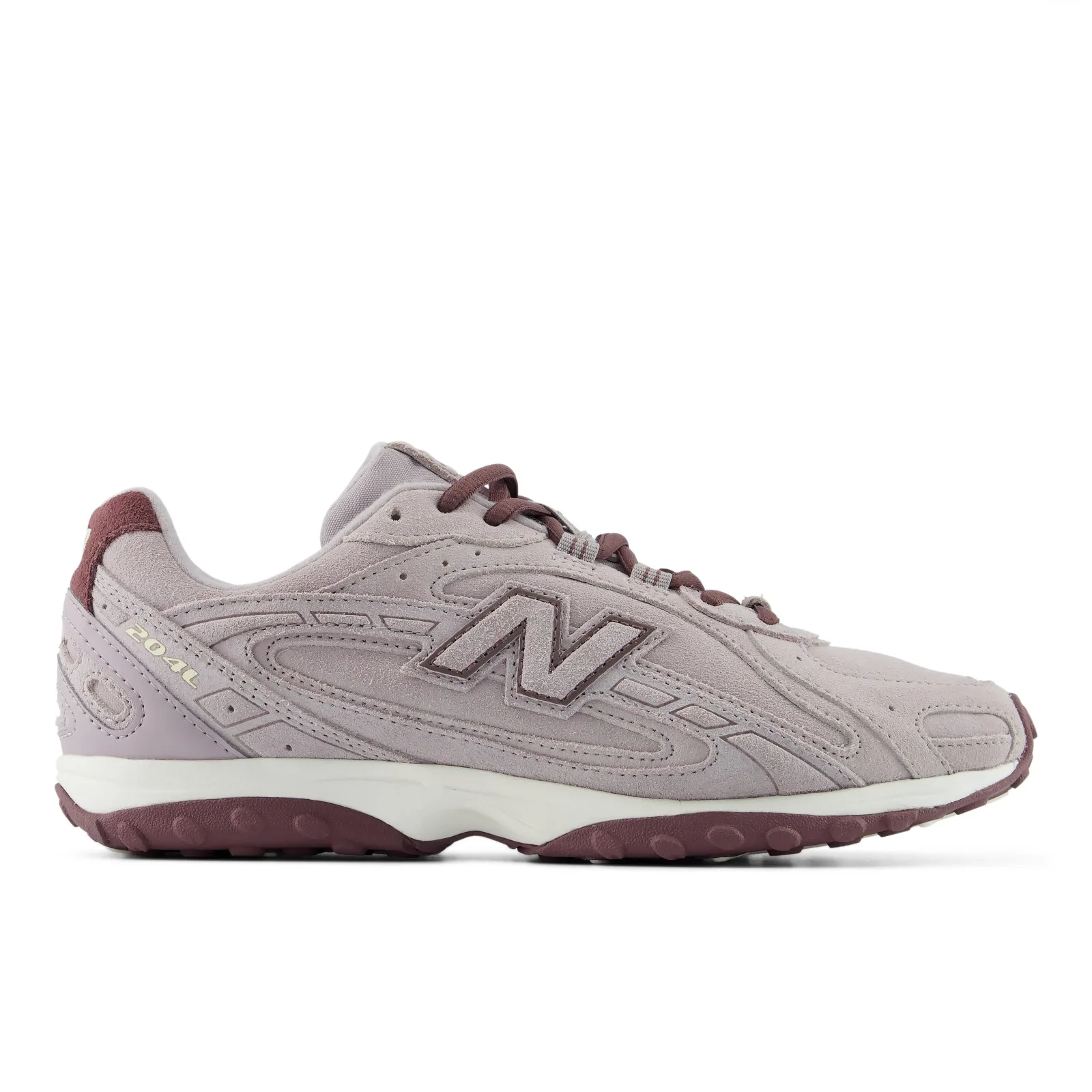 lateral side view, mauve suede with embossed 204L text and N logo, Truffle Salt