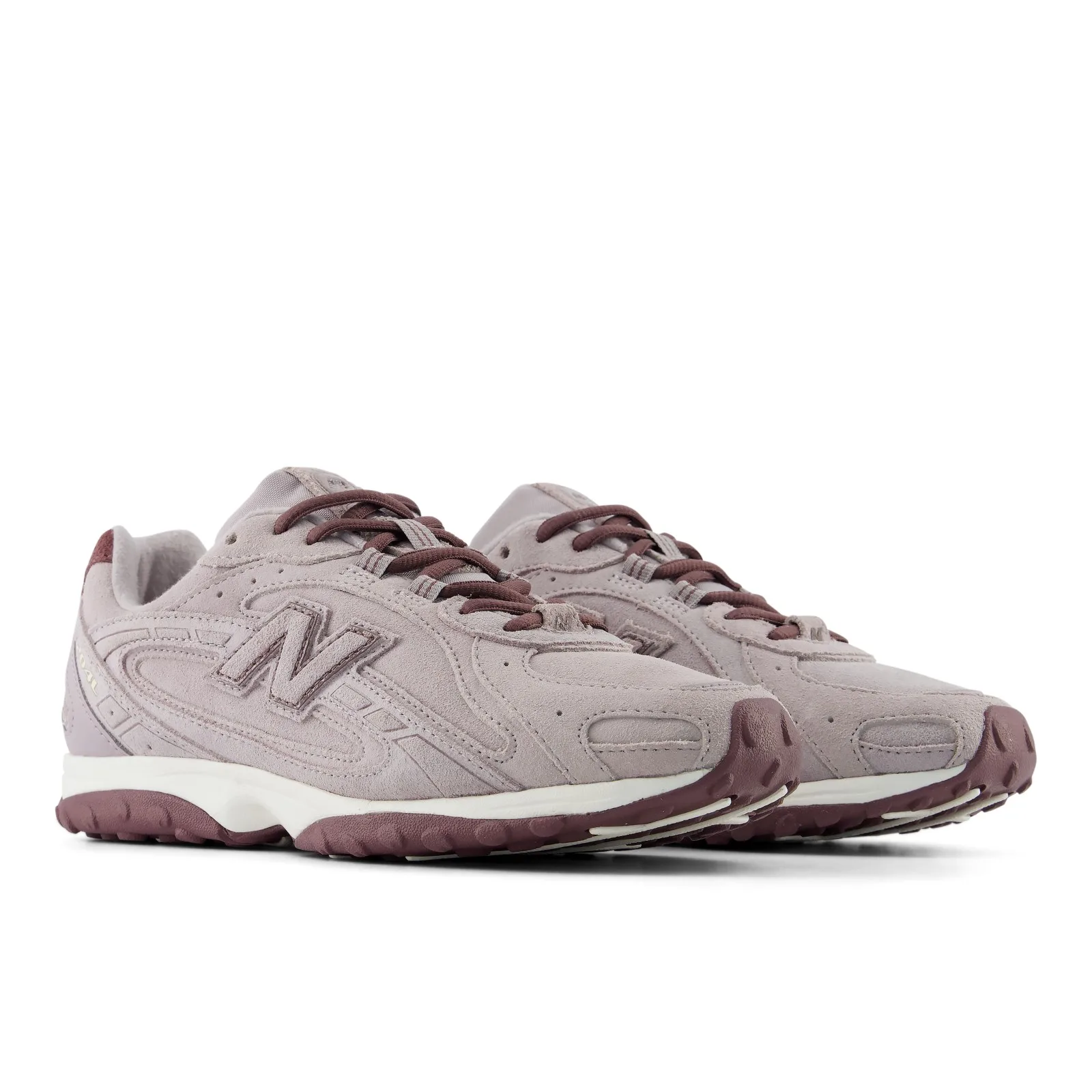 three-quarter angled pair, lilac suede, burgundy laces and trim, Truffle Salt