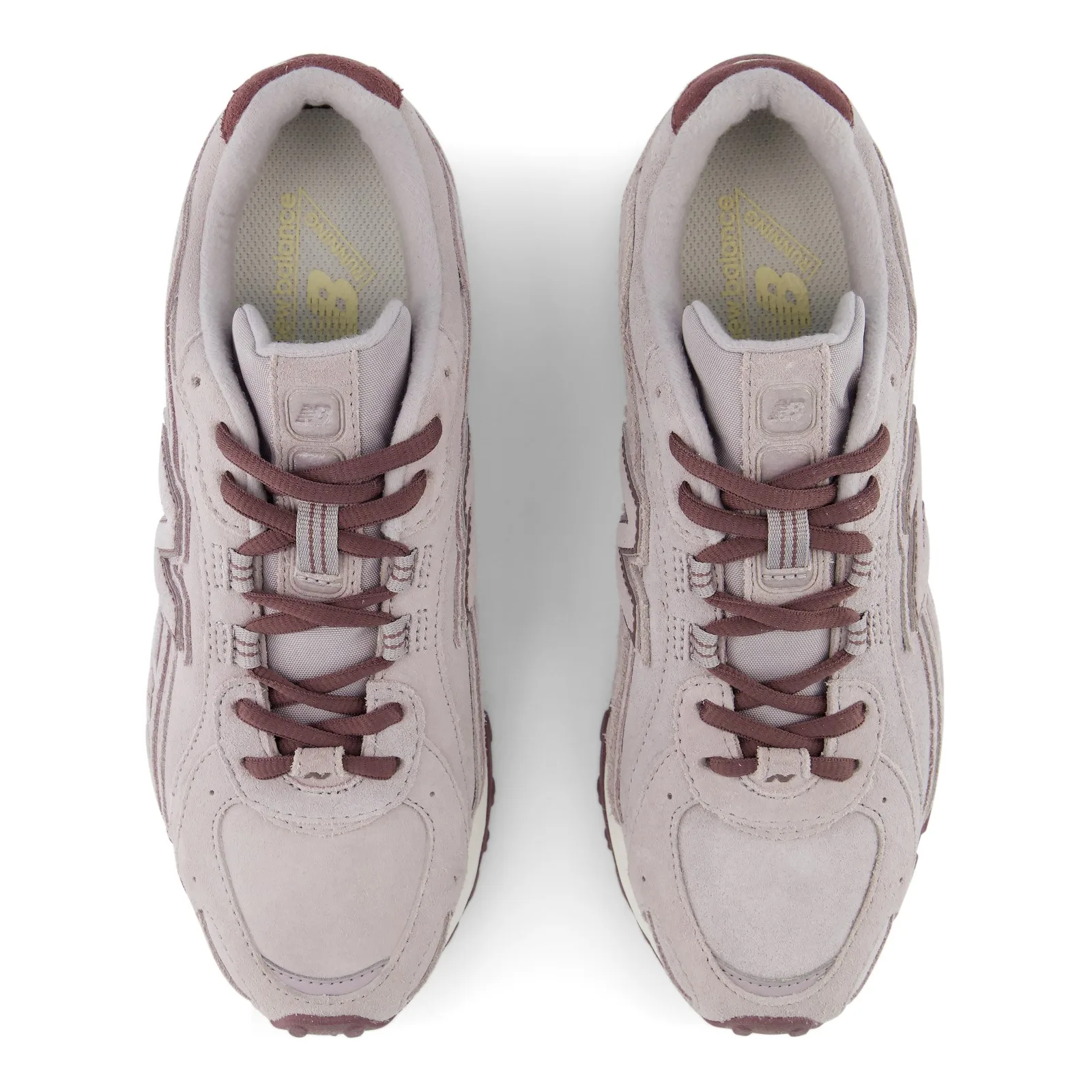 top-down laced pair, lilac suede, burgundy laces, cream insole, Truffle Salt