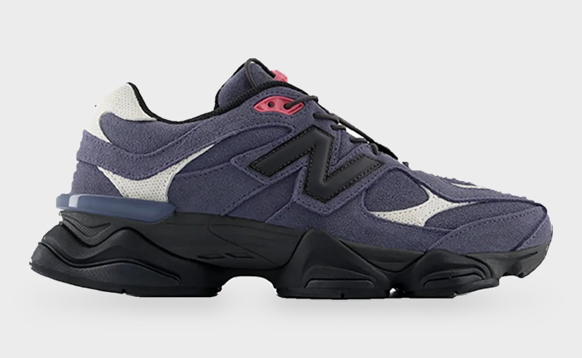 Lateral view of navy suede sneaker with black N logo, pink eyelet and black chunky sole, Balance 9060 Trail