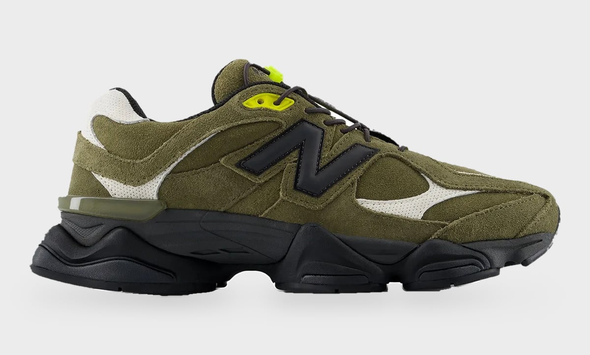 Lateral view of olive suede sneaker with black N logo, neon yellow eyelet and black chunky sole, Balance 9060 Trail