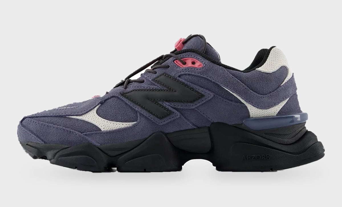 Medial view of navy suede sneaker with pink eyelet and ABZORB text on black midsole, Balance 9060 Trail