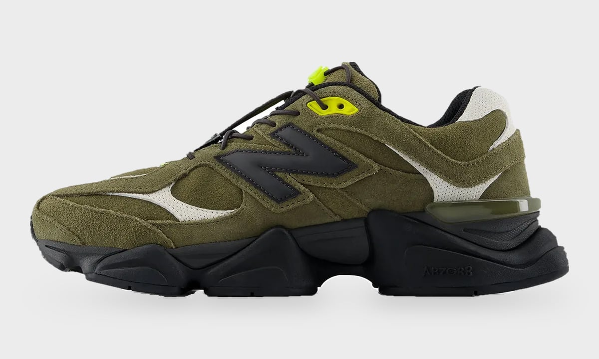 Medial view of olive suede sneaker with neon yellow eyelet and ABZORB text on black midsole, Balance 9060 Trail