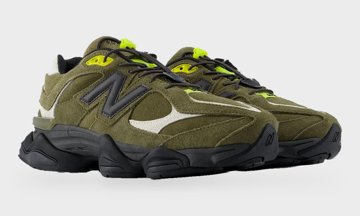 Pair at three-quarter angle, olive suede with neon yellow lace toggle and black N logo, Balance 9060 Trail