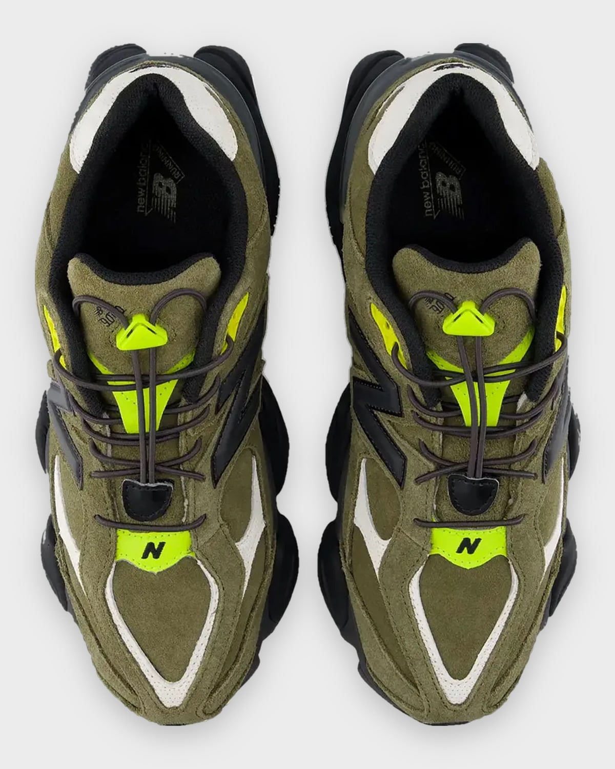 Top-down view of olive suede pair with neon yellow accents, bungee laces and black N logos, Balance 9060 Trail