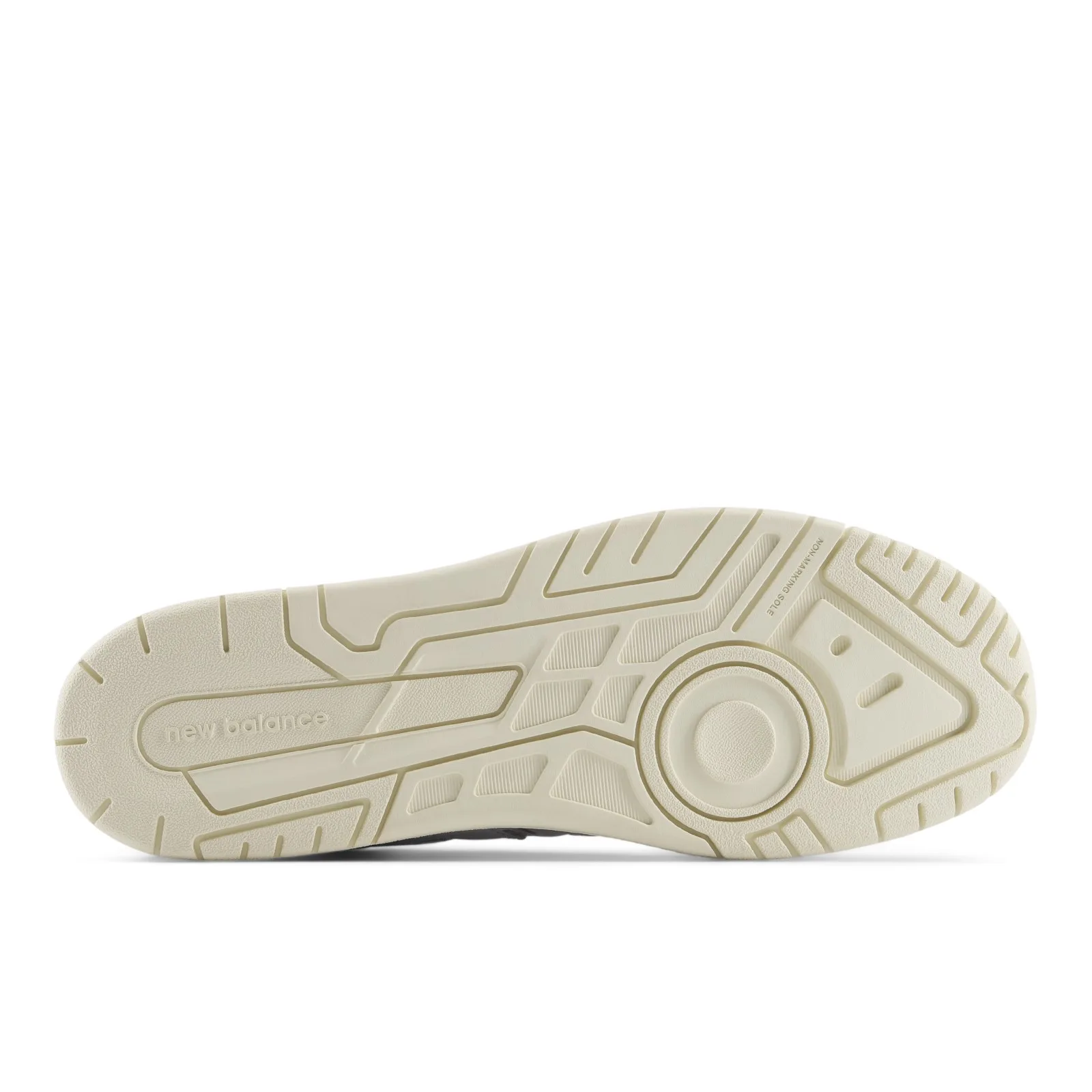 Outsole view, cream tread pattern with new balance text and non-marking sole print, White/Angora