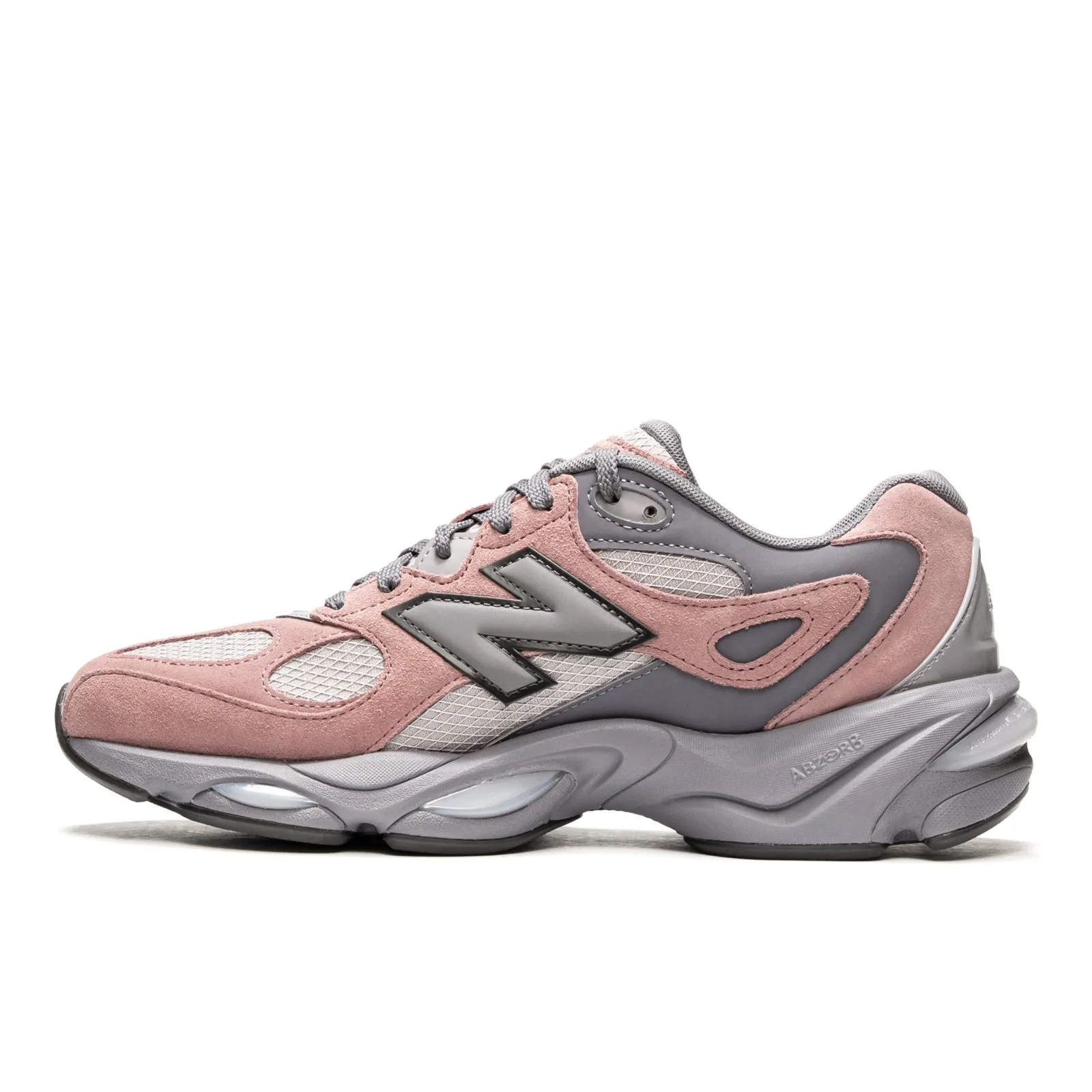 Medial view on white, pink suede and grey mesh with ABZORB text on grey midsole, Pink/Grey