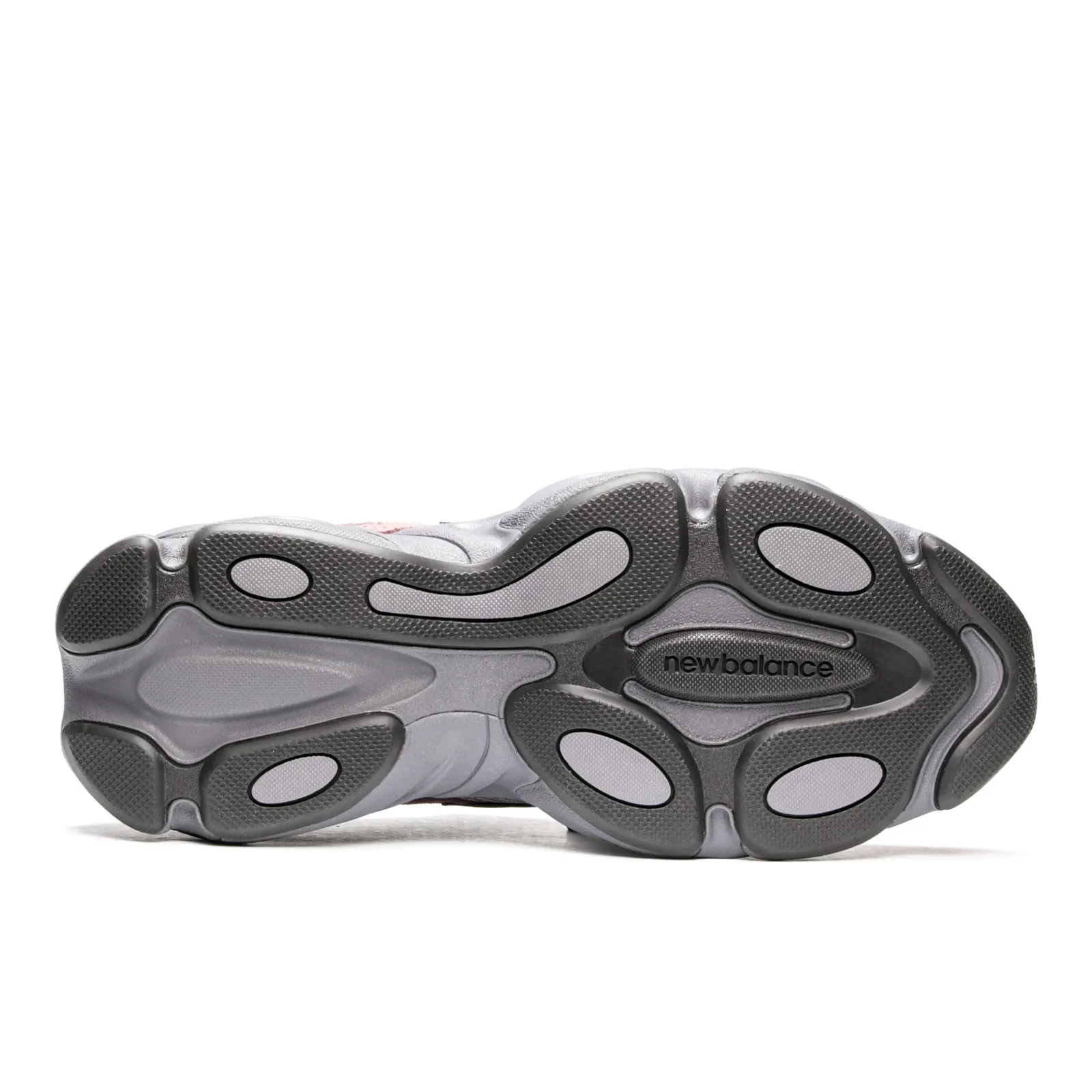 Outsole view with dark grey rubber pods, grey midsole and new balance logo, Pink/Grey