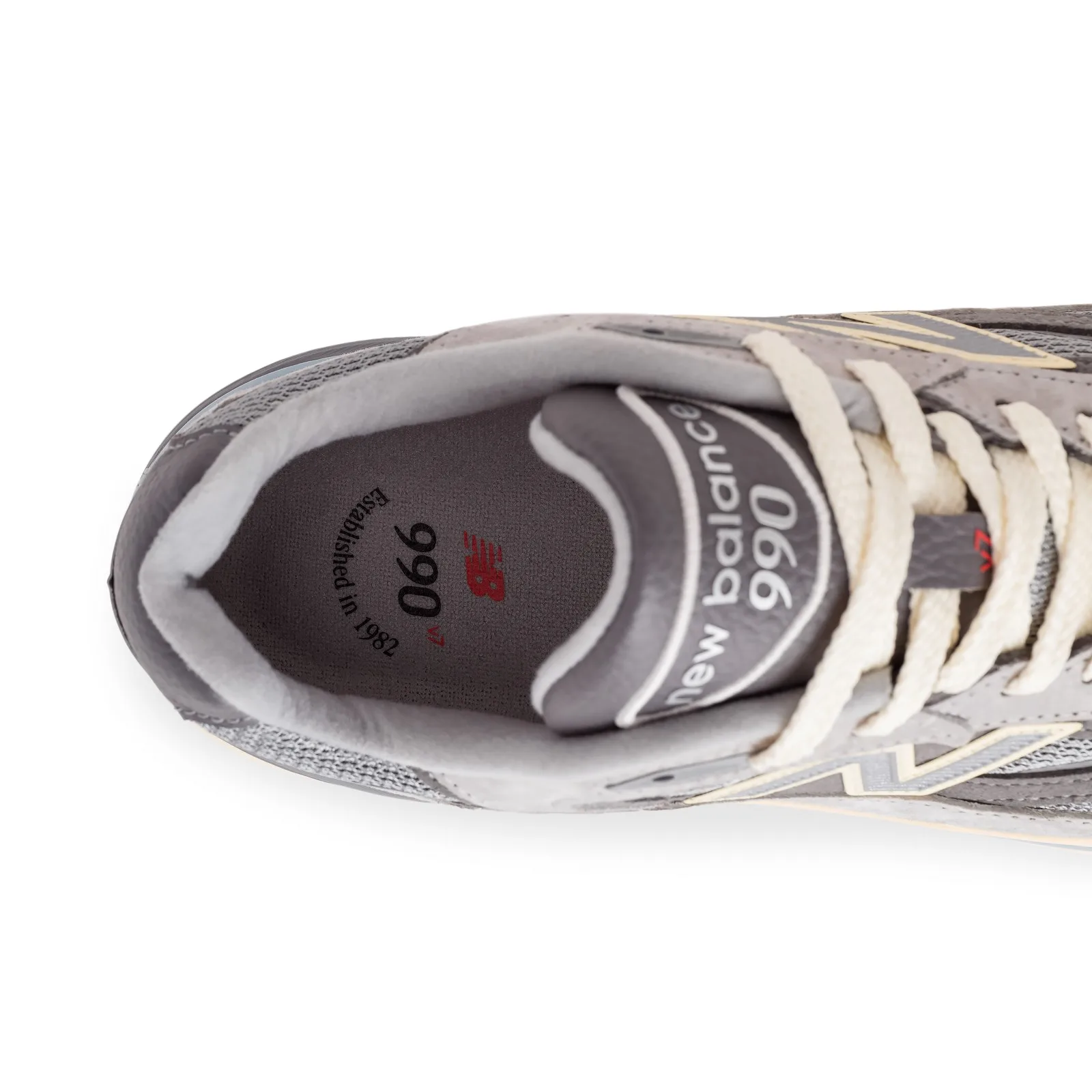 Detail of open collar with 990 tongue label and 'Established in 1982' insole text, Kool Grey