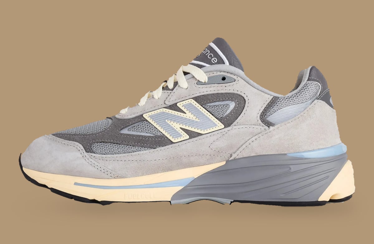 Medial view, grey suede upper with N logo, FuelCell text and cream midsole, Kool Grey