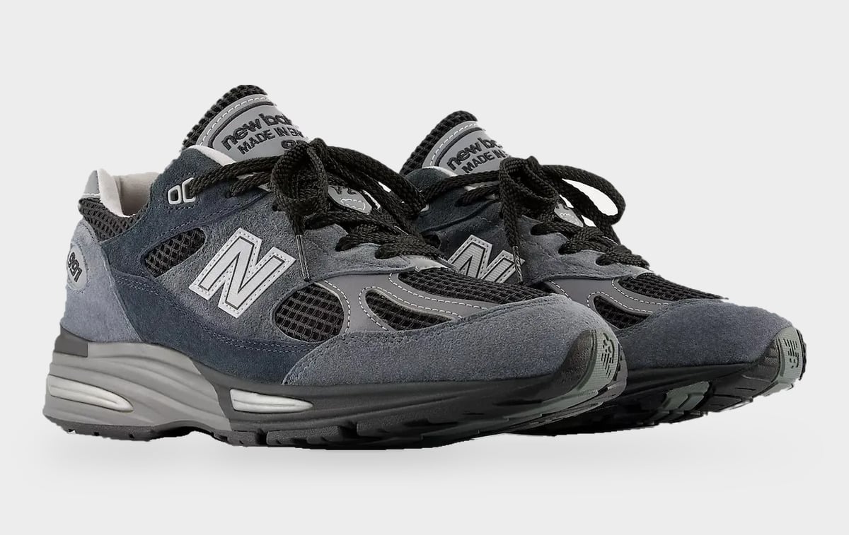 Pair in three-quarter view, black laces, grey suede, mesh panels and chunky grey midsole, Turbulence/India Ink