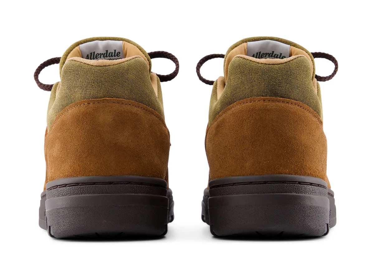 Heel view of pair with brown suede counters, olive collars and Allerdale label inside, Moorland Textures