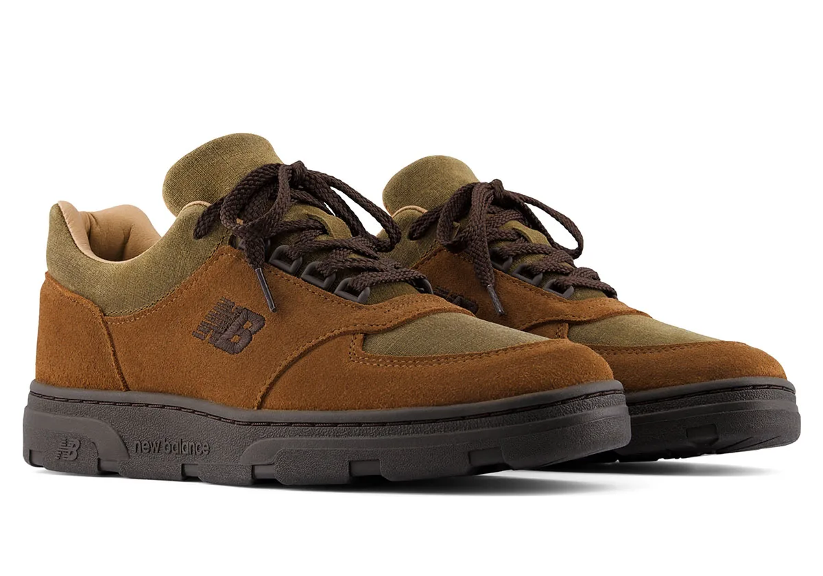 Pair at three-quarter angle with dark brown laces, brown suede and olive canvas, Moorland Textures