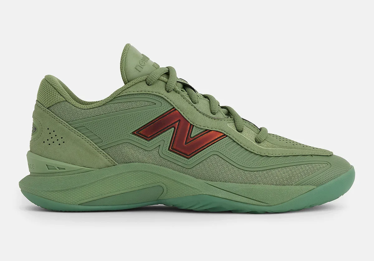 Lateral view of olive green low-top with metallic red-orange N logo and mint green outsole, Balance Kawhi 5