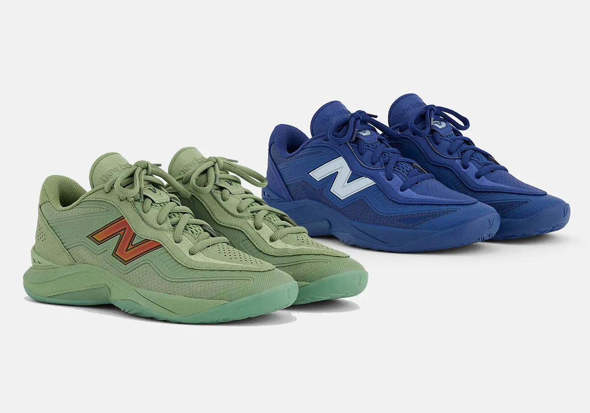 Pair in three-quarter view, green with red N beside blue with pale blue N, on light grey, Balance Kawhi 5