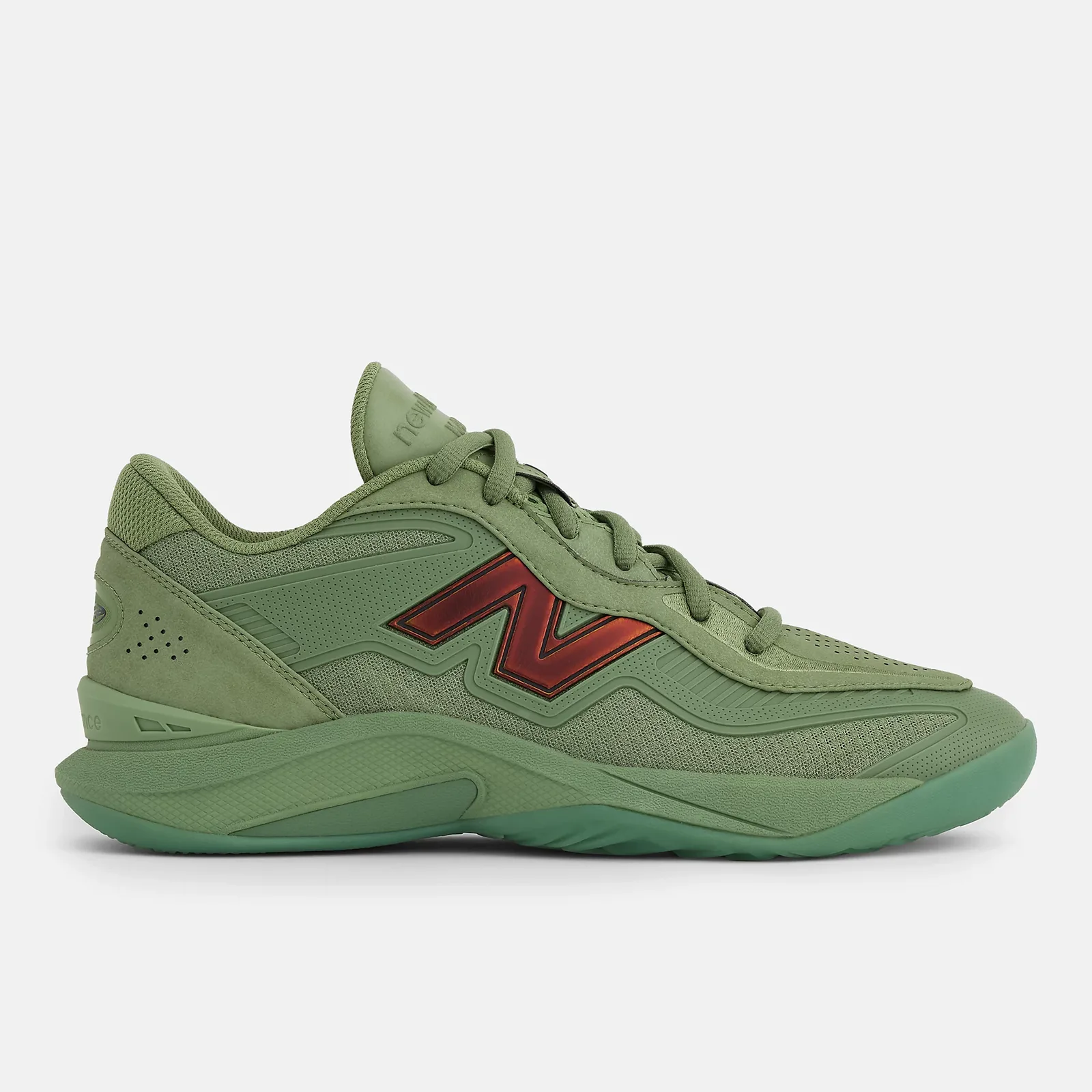 Lateral view of all-green shoe with glossy red-bronze N logo and translucent green sole on white, Oregano