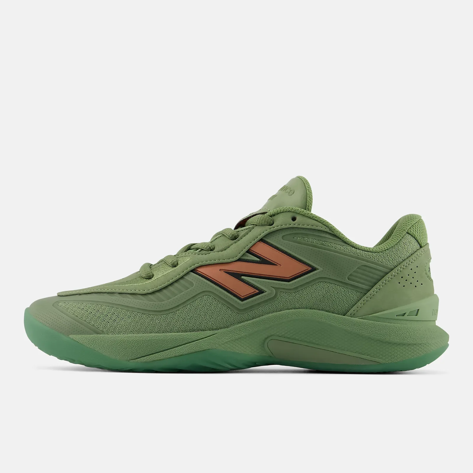 Medial view of all-green shoe with copper N outlined in black and translucent green sole, Oregano