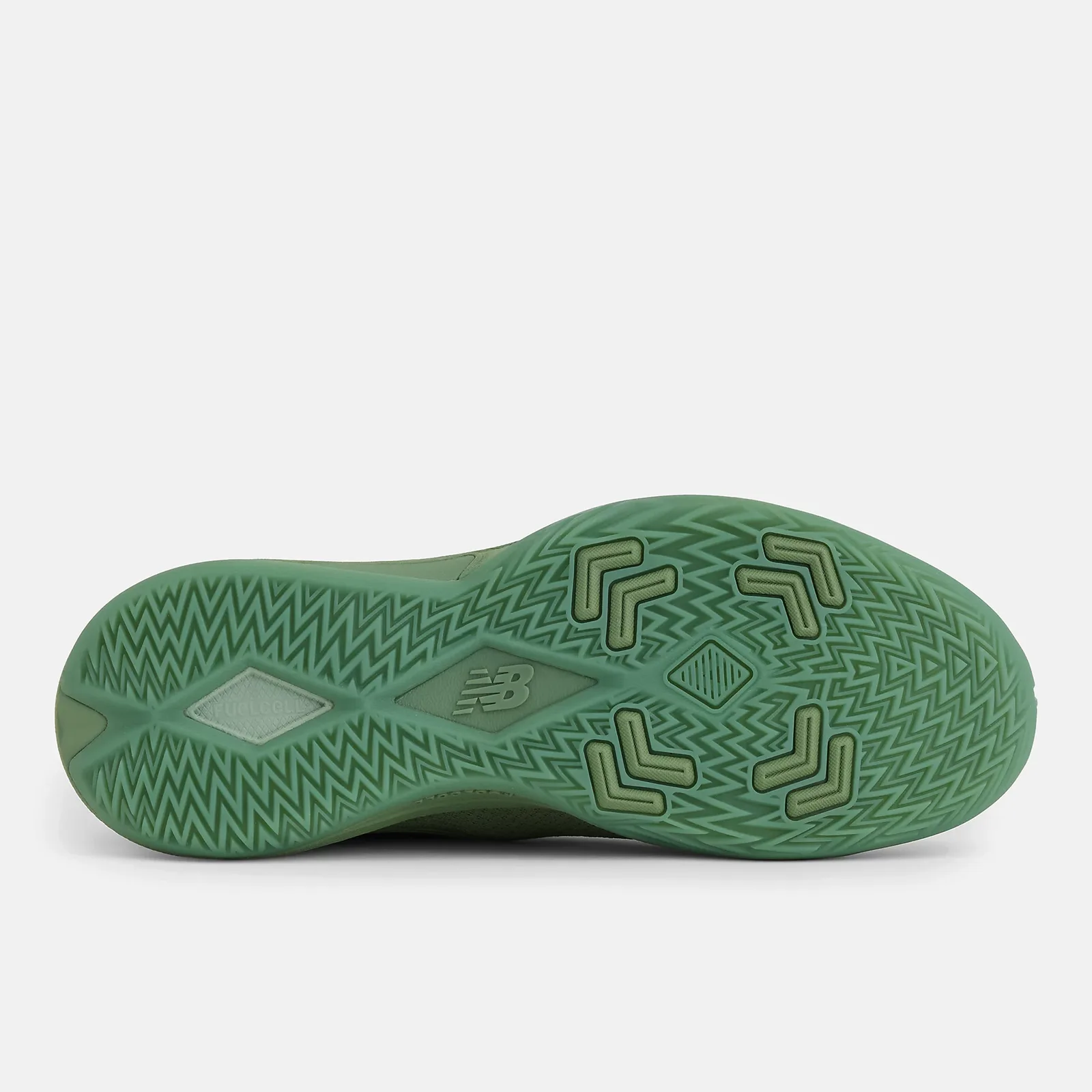 Outsole view in green with zigzag traction pattern, chevron pods and New Balance logo at the midfoot, Oregano